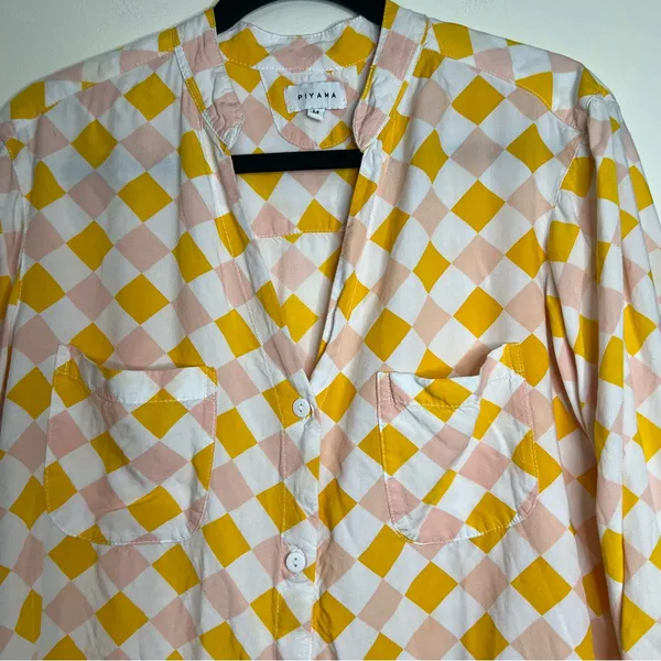 Piyama Checkered Pajama Shirt M Pink‎ Yellow White Button Down 100% Rayon Bali - Image 2