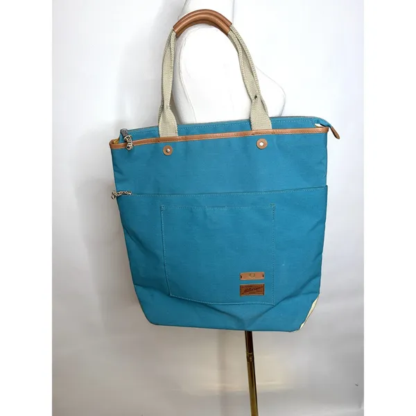 Fred Perry British Millerain Teal Blue Waxed Cotton Tote Leather Trim Zip Top - Image 2