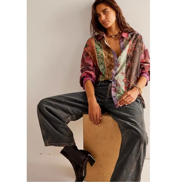 Free People Bohemian Patchwork Flower Patch Top Berry Combo Oversized Small Fall - Image 6