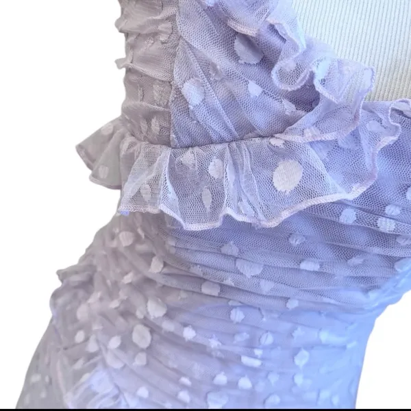 NWOT Hello Molly Pastel Purple Bodycon Ruffle Mini Dress Polka Dot Mesh M - Image 6