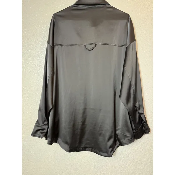 ZARA Black Satin Button Front Shirt Blouse Oversized XL - Image 2