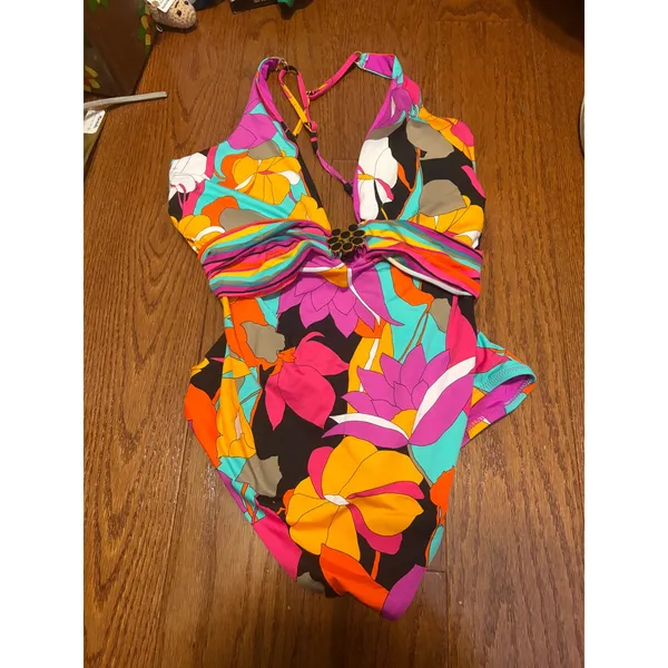 Trina Turk Gemini Plunge One Piece‎ Swimsuit Multicolor Black Hardware NWT 14 - Image 3