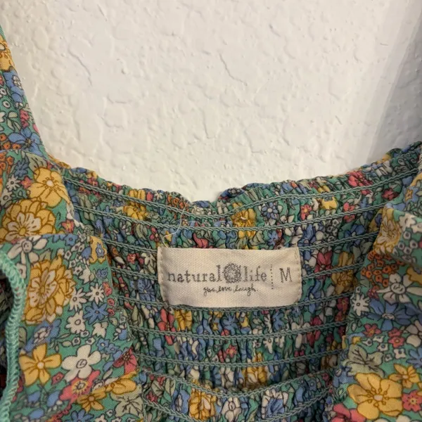 Natural Life Megan Dress M Smocked Ruffle Ditsy Floral Cottagecore Slit Green - Image 4