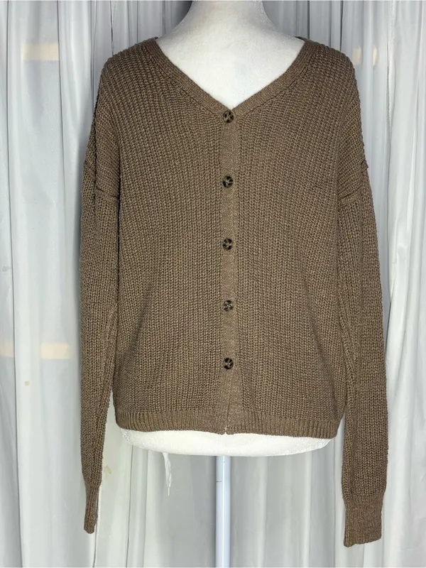 Hippie Rose V-Neck Button Up Back Chunky Knit Sweater Taupe Brown Size S - Image 2