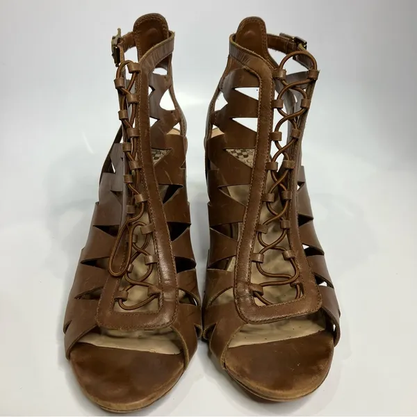 Vince Camuto Elettra‎ peep toe cone heels brown leather women’s size 10 - Image 3