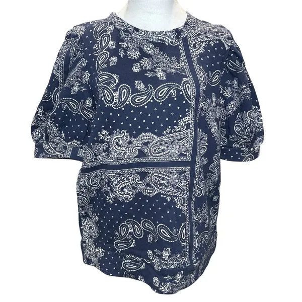 Ann Taylor Blue Bandana‎ 100% Cotton Top Balloon Sleeves Medium Casual - Image 2