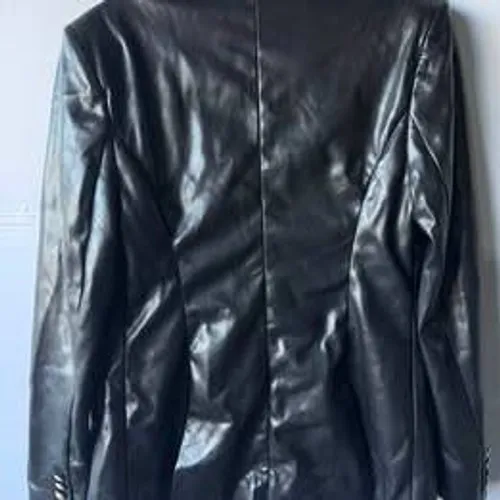 7 For All Mankind Womens Black Vegan Faux Leather Blazer Gold Buttons Size M NEW - Image 4