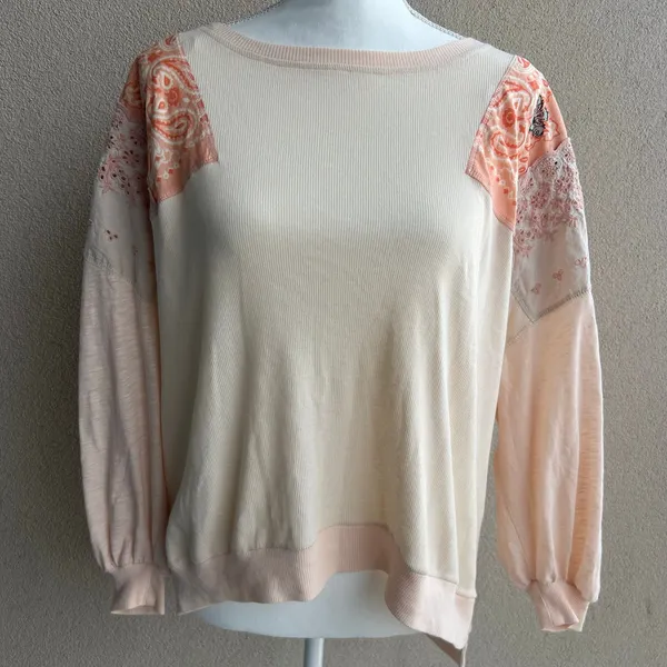 We the Free Boho Patchwork Cream Oversized Longsleeve Crewneck Size Small - Image 4