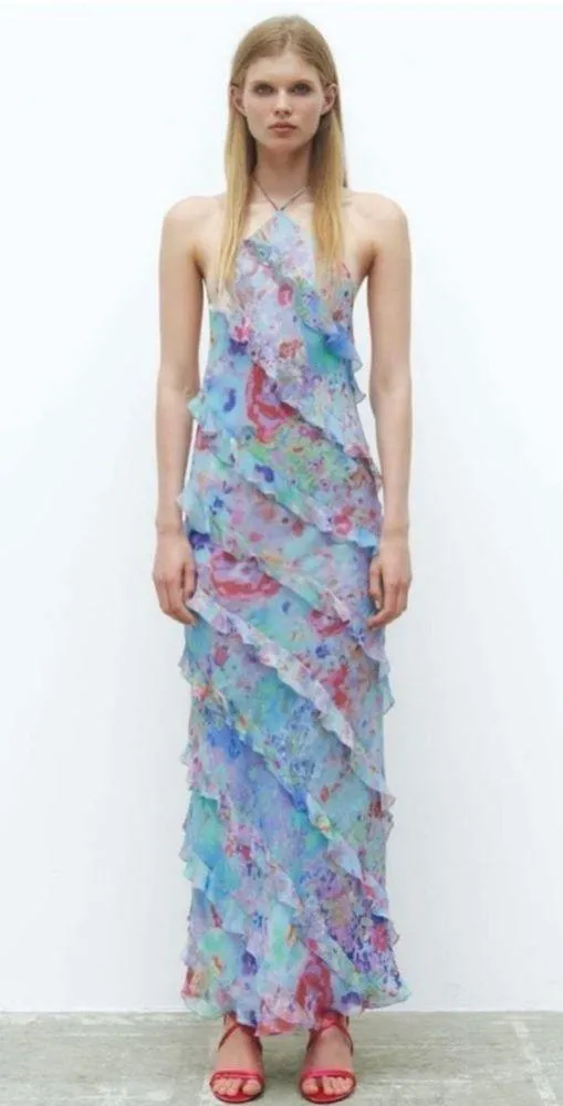 Zara ruffle printed halter midi Dress NEW - Image 6