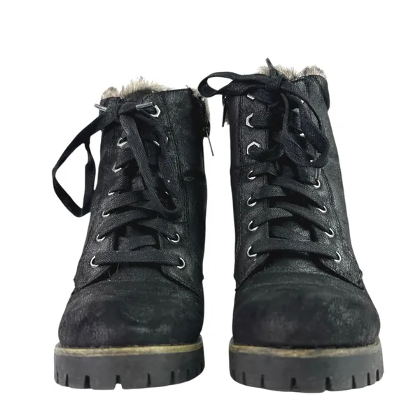 Steve Madden Women's Black Sherpa Faux Fur Lace-up Block Heel Winter Boots Sz 6 - Image 2