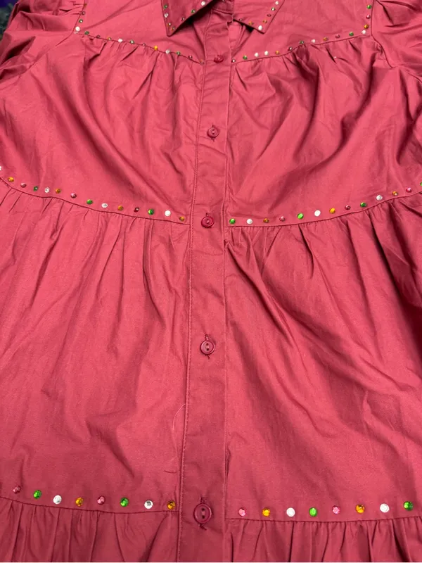 Tiered Puff-Sleeve Mini Dress in Burgundy size S - Image 10