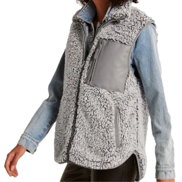 Abercrombie & Fitch Vest Women Small Sherpa Fleece Jacket Gray Leather‎ Pocket S - Image 3