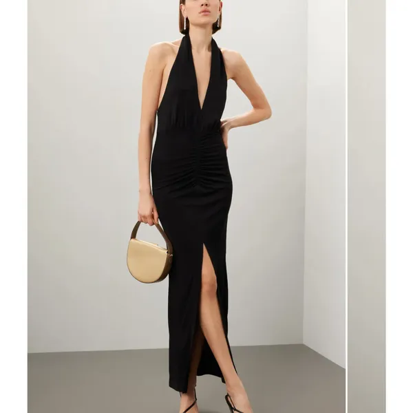 IRO Black Halter Gown XS Cocktail Ruched Maxi Dress Plunging Bodycon $365 FLAW - Image 6