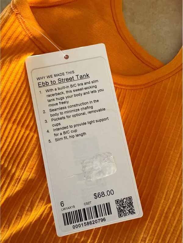 Lululemon Ebb To Street Tank Padded Citrus Sizzle Tone Size 6 NWT - Image 4