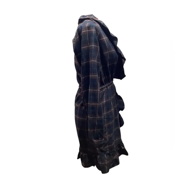 Sunner Navy plaid Cotton Ruffle wrap dress. Size Medium Blue - Image 8