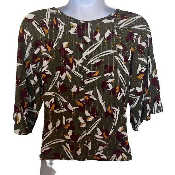 Zinzane Small Green Purple Floral Silver Metallic Stripe V Neck Crop‎ Top Blouse - Image 3