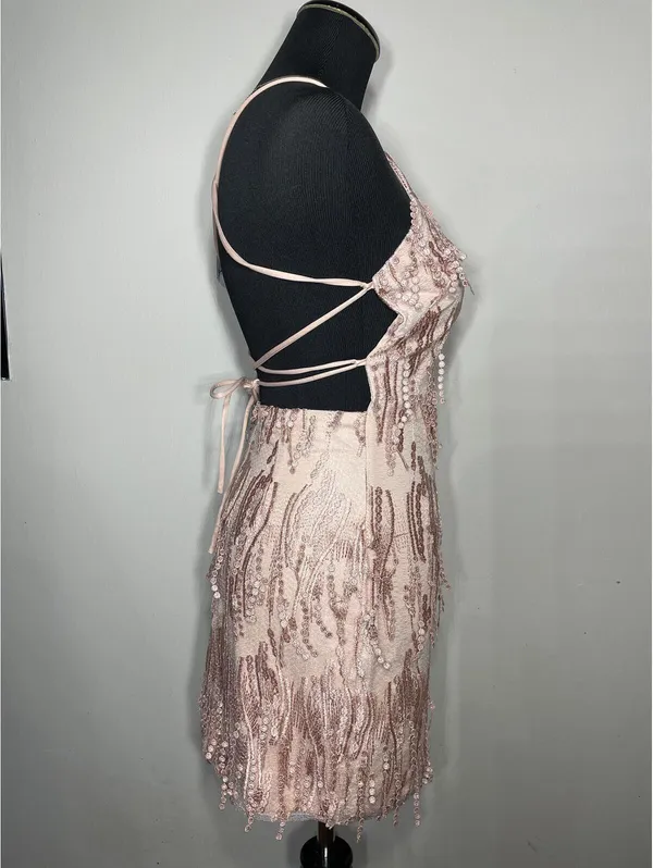Lulus Making Magic Blush Pink Fringe Lace-Up Mini Dress XS - Image 6
