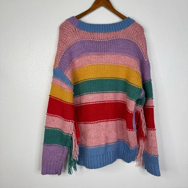 Aelfric‎ Eden Colorful Rainbow Fringe Sleeve Chunky Knit Sweater Size Medium - Image 3