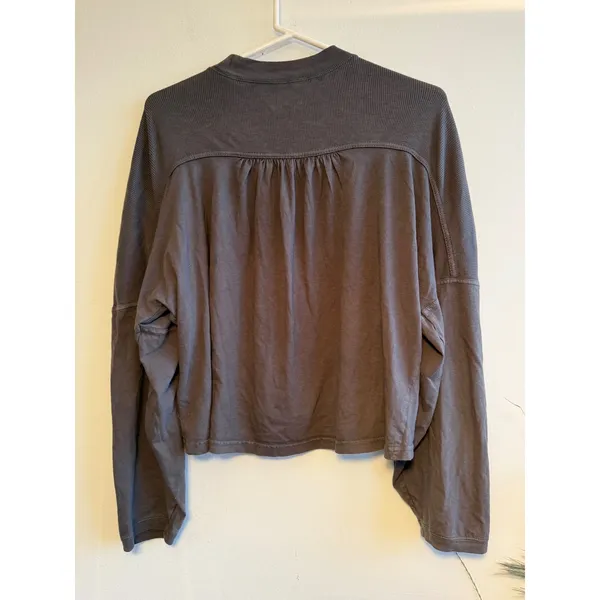 Aerie Womens Small Relaxed Mixed Media Ribbed Long Sleeve Top Charcoal Gray 3268 - Image 2