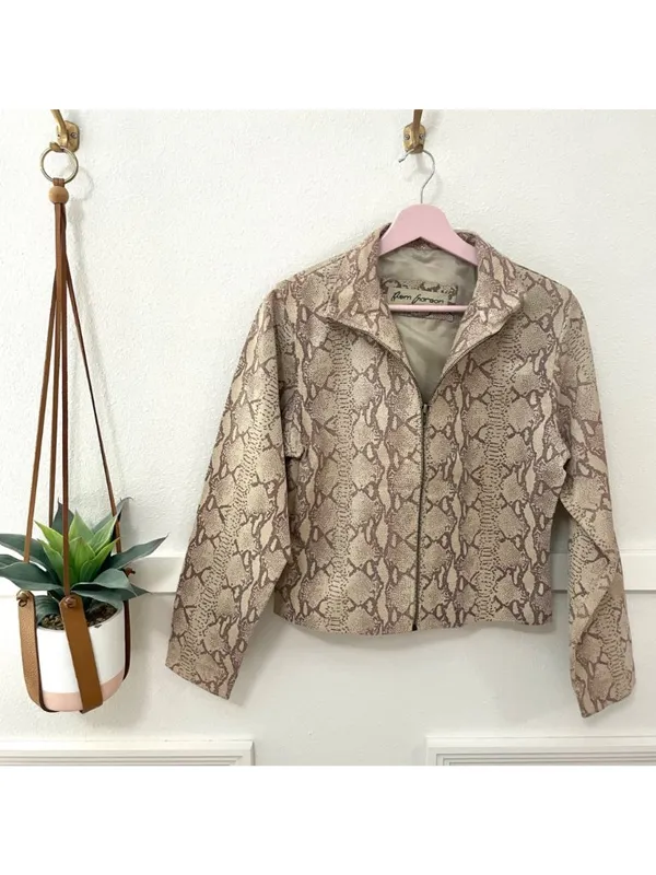 Y2K Vintage Rem Garson Leather Snakeskin Tan Jacket Size S Animal Print - Image 2
