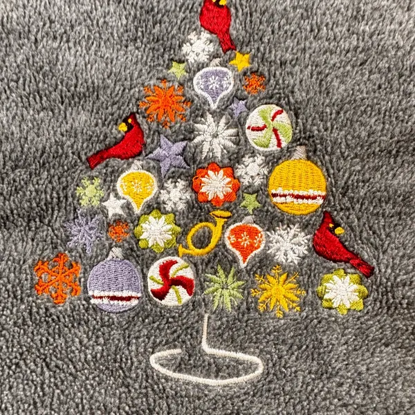 Womens Gray Fleece Long Sleeve Christmas Tree Holiday Embroidered pullover‎ L - Image 2