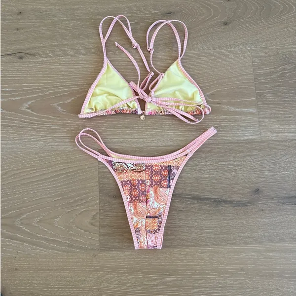 White Fox Bikini Set Viti Beaded Top Mhari Bottoms Size L S in Sunset Belle Pink - Image 4