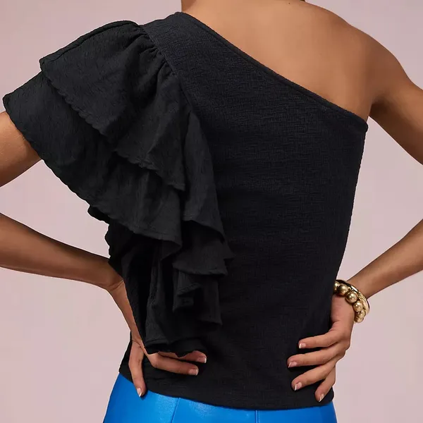 NWT By Anthropologie Ruffled One-Shoulder Top in Black Women’s Size Small - Image 2