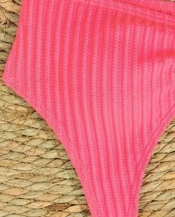 Rib Knit V Wired Plain 2 Piece Set Bikini Pink - Image 3