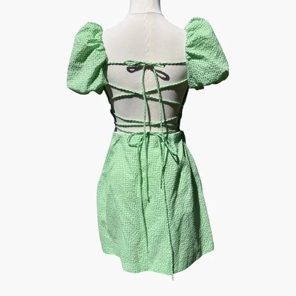 Zara Green Gingham Puff Sleeve Mini Dress Cottagecore Lace Back Medium Backless - Image 6