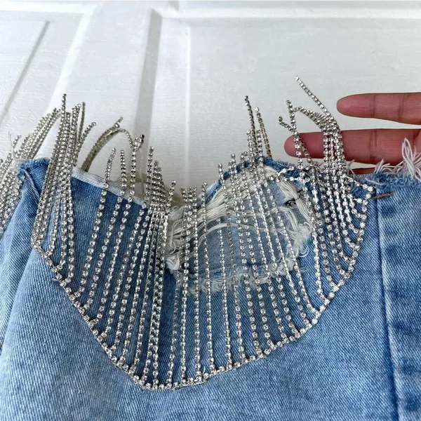 Savanna Jane Womens Shorts Rhinestone Tassel Blue Jean Denim Hippie Size Small - Image 10