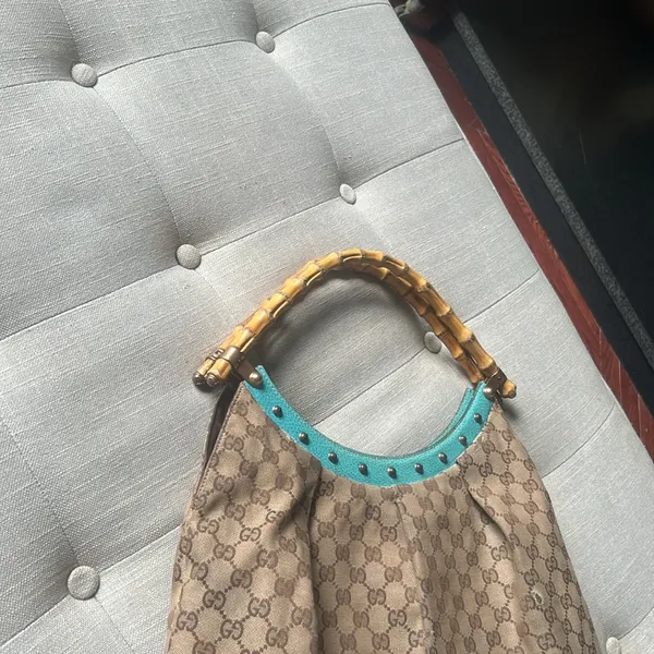 Gucci Bamboo Top Handle Handbag Canvas/ Teal Leather - Image 5