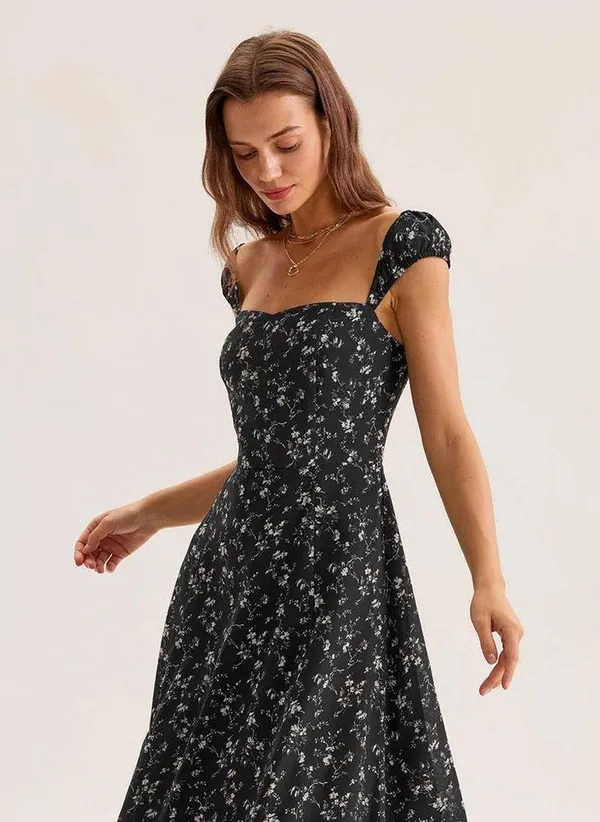 RIHOAS Black Floral Sweetheart Neck Midi Dress - Image 5