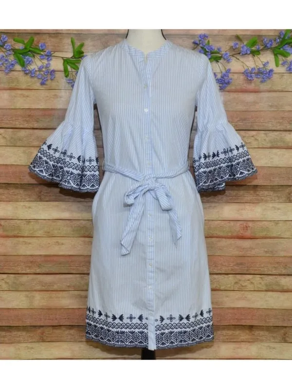 Cremieux Womens SZ 0 Blue White Striped Embroidered Bell Sleeve Tie Waist Dress - Image 2