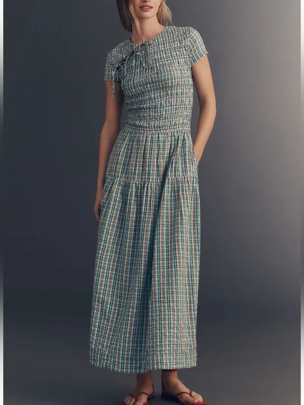 DAMSON MADDER NWT Ebba Smocked Midi Dress in Picnic Blue Check Cottagecore US 2 - Image 11