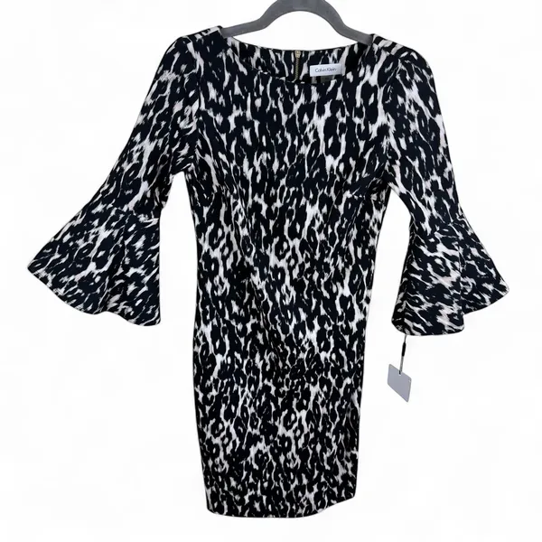 Calvin Klein NWT Womens Black White Animal Print Bell Sleeve Sheath Dress Size 2 - Image 2