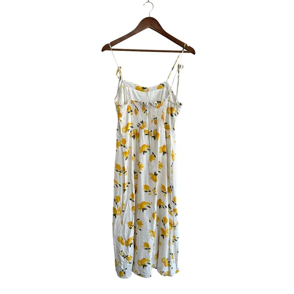 Kirious Lemon Print Linen Blend Midi Dress Yellow White Citrus Vacation Resort - Image 9
