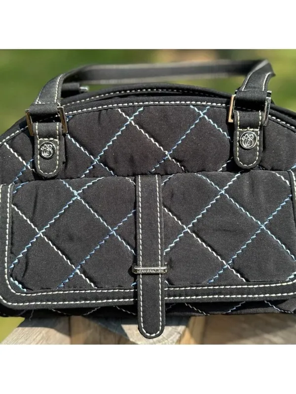 Vera Bradley Sausalito Quilted Handbag in Black Microfiber & Blue Stitch Detail - Image 11