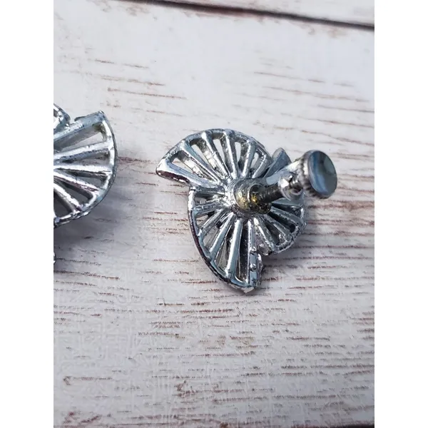 Vintage Screw On Earrings 0.75" Artsy Silver Tone with Clear Gems - Missing Gem - Image 3