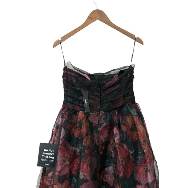 Lulus Splendidly Yours Black Floral Organza Mesh Strapless Midi Dress size L NWT - Image 7