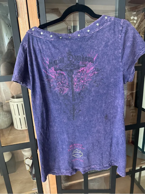 Vintage y2k Harley Davidson tee scoop neck short sleeve embellished acid wash - Image 2