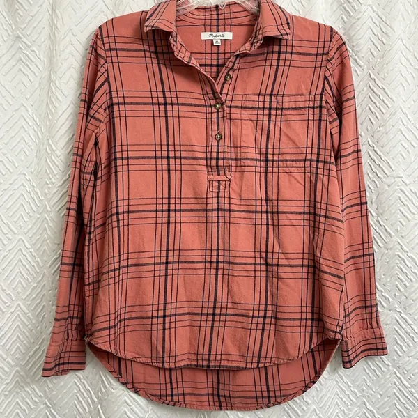 Madewell‎ Popover Flannel Long Sleeve Plaid Clay Pink Navy 1/4 Button Up Top XS - Image 2