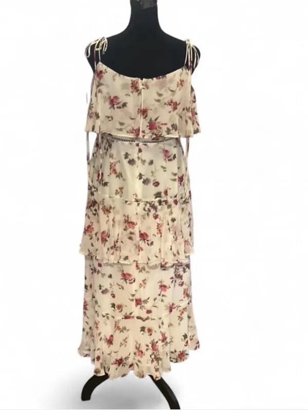 WAYF Ivory Multicolor Floral Chiffon Cold Shoulder Maxi Dress Zip M - Image 4