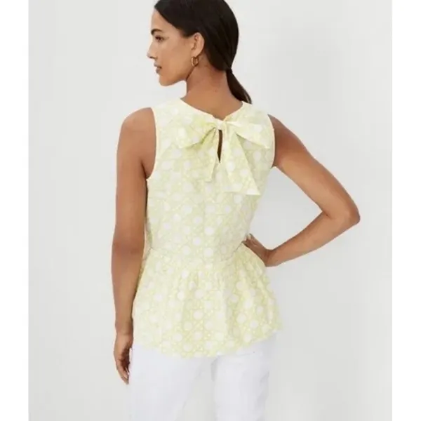 Ann Taylor Rattan Peplum Top Lemon Twist Yellow White Tie Back Bow Preppy Size M - Image 3
