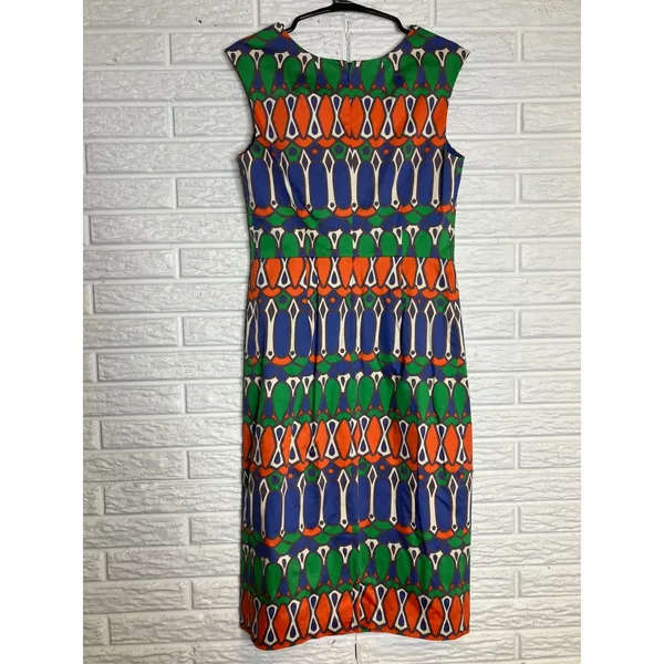 Boden‎ Sheath Dress Womens 6L Blue Green Orange Excellent Geometric Cotton WH664 - Image 6