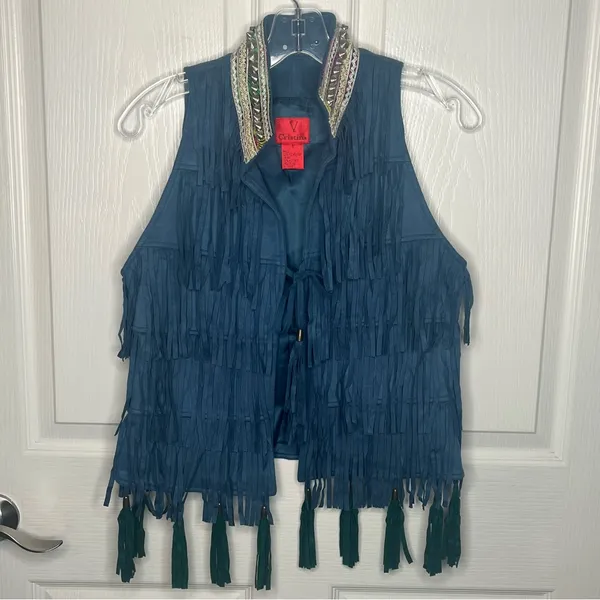 V Christina Faux Suede Fringe Blue Vest Size S Festival Ready Boho - Image 12