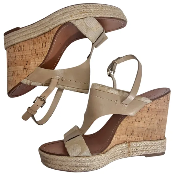 Coach Khaki Leather Signature Canvas Mendez Cork Wedges Sandals - Image 7