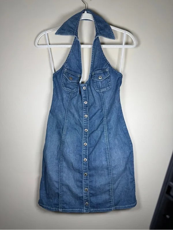 Y2K Vintage Guess Sexy Button Down Denim Mini Dress Size 9 - Image 3