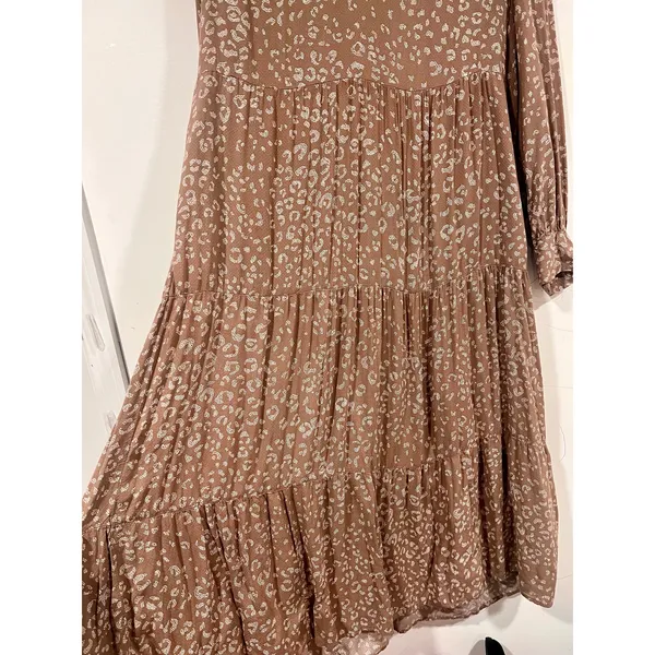 Woman’s Boho Cottagecore Brown Animal Print Long Sleeve Tiered Midi Dress XS - Image 7