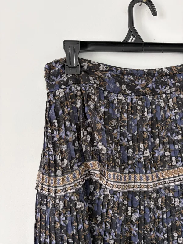 Antonio Melani Gwyneth Floral Tiered Printed Pleated Boho Blue Tan Maxi Skirt - Image 2