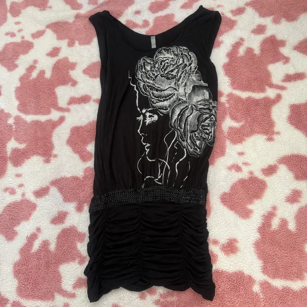 ✨ Y2K Glam Black Ruched Mini Dress w/ Rhinestone Rose Graphic – Edgy Fairycore Party Dress (Size S) ✨ - Image 5